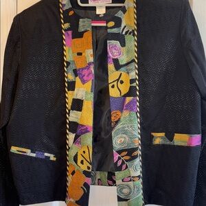 HELENE DESIGNER SPORTSWEAR VINTAGE BLAZER OPEN FRONT MULTI COLOR GRAPHIC DESIGN